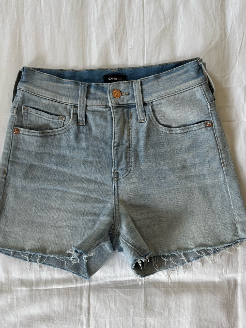 Express Light Wash High Rise Shortie Hyper Stretch Denim Jean Shorts